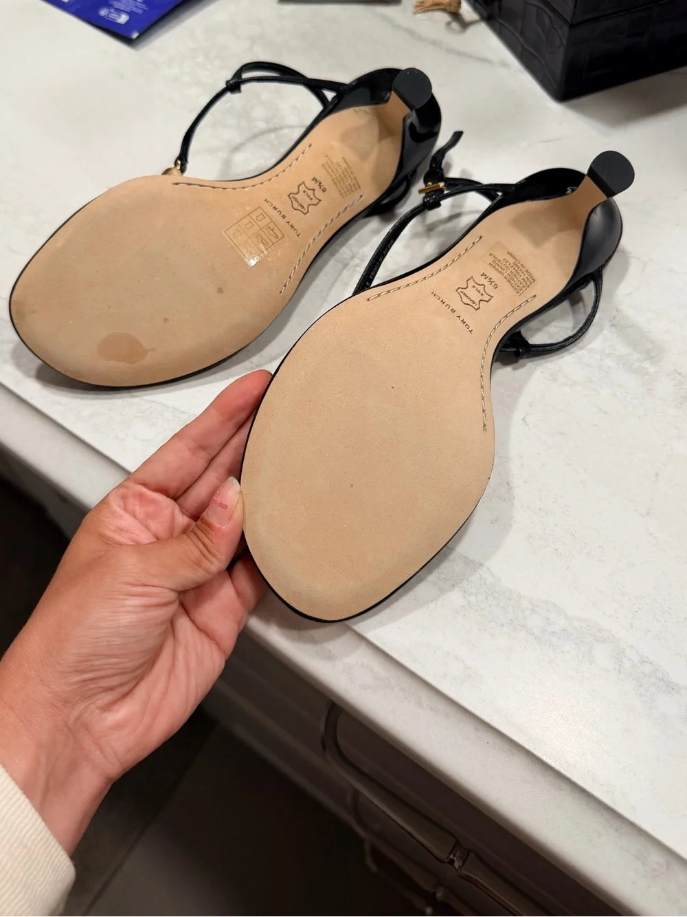 Never worn - Tory Burch Black Leather Miller Sandals with Gold Logo Medallions